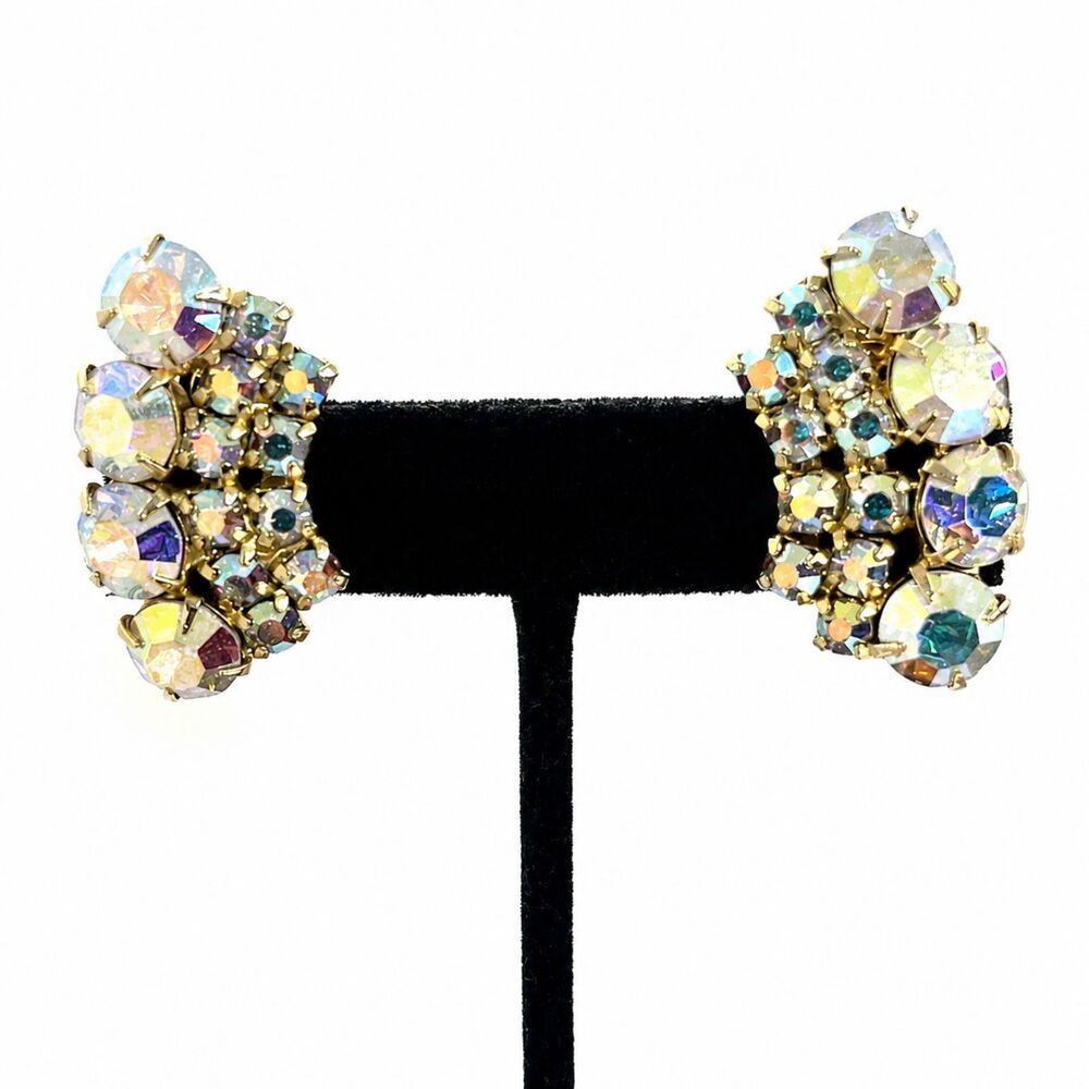 Vintage Rhinestone Earrings Clip On Cluster Gold Tone AB Aurora Borealis Mcm